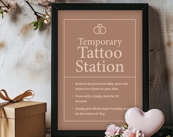Letrero para estación de tatuajes temporales de boda con diseño de mousse de moca / Instrucciones imprimibles minimalistas para la aplicación de tatuajes temporales / Decoración de boda moderna