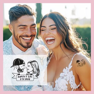 May include: A smiling couple is featured in a photograph, with a black and white illustration of them on a banner that reads "Sophie & Lelo 7/9/2024". A tattoo of the couple is visible on the woman's shoulder. The background is a soft pink.
