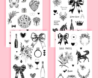 Set de 4 tatuajes temporales para boda, tamaño A6 - Diseño romántico bohemio para despedida de soltera, regalos para invitados, corazones y rosas