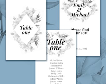 Plantilla elegante de plano de asientos para boda con diseño floral (Canva editable e imprimible)