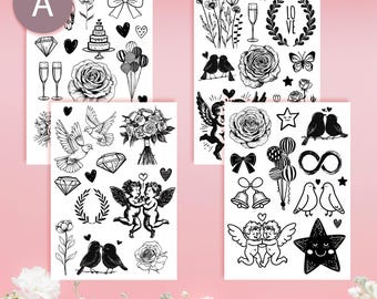 Tatuajes Temporales para Bodas – Set de 4 Hojas A6, Tatuajes Divertidos para Novias, Tatuajes Temporales para Invitados, Recuerdos de Boda