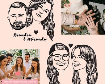 Tatuaje temporal personalizado con retrato de pareja, recuerdo de boda personalizado con nombres y fecha, tatuaje de novia y novio dibujado a mano, regalo único para invitados