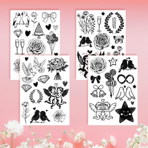 Temporary Wedding Tattoos - Set of 4 × A6 Sheets, Wedding favors tattoo, Fun Fake Bridal Tattoos, Fun Bridal Temporary Wedding Tattoos