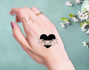 Tatouage temporaire de mariage personnalisé pour les jeunes mariés, cadeau de mariage pour la mariée, cadeaux de mariage pour un invité, tatouage de mariage pour fête de fiançailles, coeur