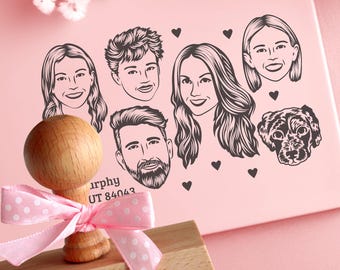 Sello personalizado con retrato dibujado a mano de niños y mascotas: un sello mágico y personalizado para tarjetas navideñas.