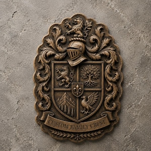 Puede incluir: Una placa de pared en tono bronce con un escudo familiar detallado que presenta un escudo central dividido en cuatro cuadrantes con un león, un árbol, montañas con pinos y un águila, rematado con un casco y el texto CUSTOM FAMILY CREST.