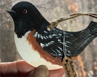 Rufous Sided Towhee hand painted window charm, ornament