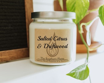 SALTED CITRUS & DRIFTWOOD Odor Eliminating Soy Candle Free Shipping The Southern Flame Wax Melts Room Spray Reed Diffuser Soy Candles