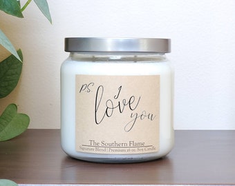 P.S. I Love You, Mothers Day Gift, I Miss You Gift, Long Distance Gift, I love you, Free Shipping, Personalized Candle, Home Sick,