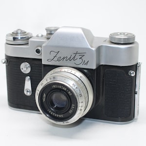 Zenit 3M SLR Camera: 50mm Industar Lens & Leather Case, c. 1964