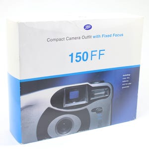 May include: A white and blue box for a Boots 150 FF compact camera outfit with fixed focus. The box features a photo of the camera and text that includes "Compact Camera Outfit" and "150 FF". The box also includes a list of included items.