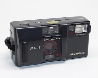 Olympus AF-1 (AF1) 35mm Film Auto Focus Compact Camera with retail box and printed manual – Tested and Very Good Condition - c.1986