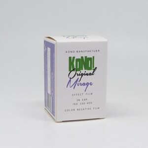 May include: A white box with a green and white logo that says "KONO! Original Mirage" and the text "EFFECT FILM 36 EXP. ISO 100-400 COLOR NEGATIVE FILM".