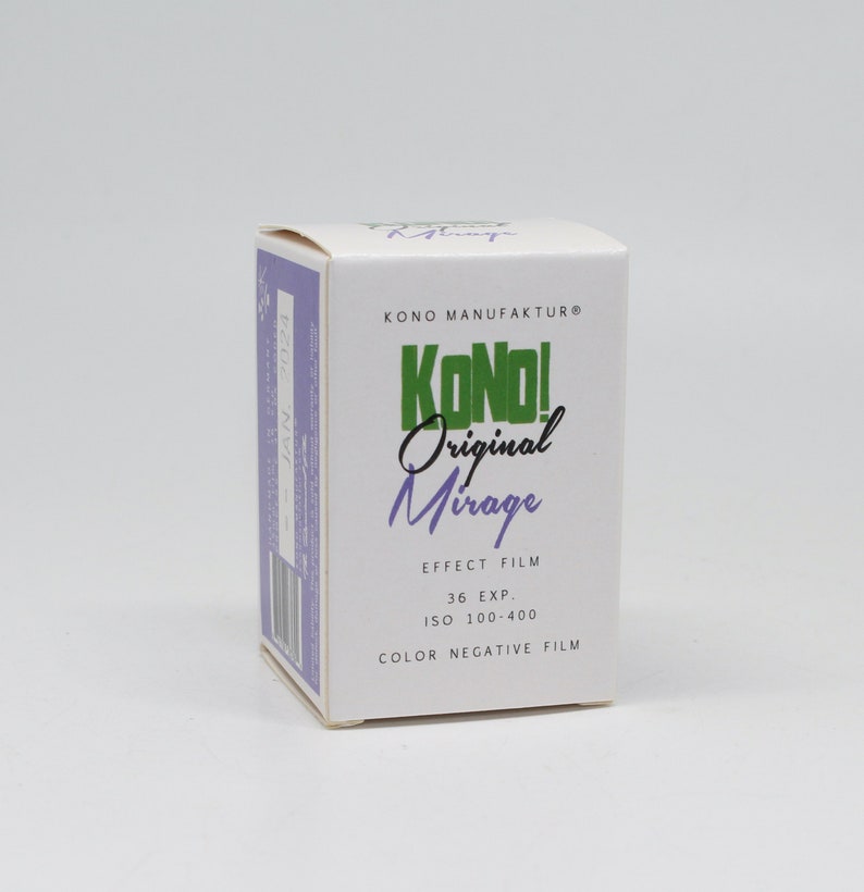 May include: A white box with a green and white logo that says "KONO! Original Mirage" and the text "EFFECT FILM 36 EXP. ISO 100-400 COLOR NEGATIVE FILM".