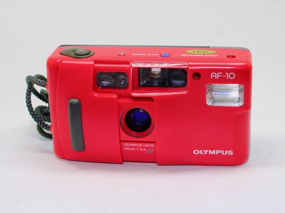 Rare 1987 Red Olympus AF-10 35mm Film Camera with case - Film tested