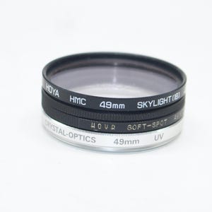 Vintage 49mm Camera Lens Filter Set: Hoya Skylight, Soft Spot, UV