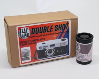 Flic Film Double Shot Camera: Half Frame 35mm, 28mm Lens, Built-in Flash
