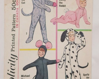 Child Animal Costumes Pattern SImplicity 6199 Size 6 Kitty Bunny Mouse Dog 1965