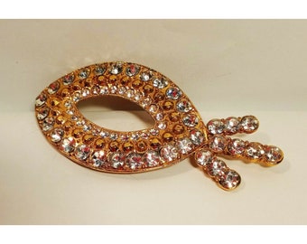 Rhinestone Eye Shape Lashes on the side Brooch Pin 3.5" Gold Tone Vintage Metal