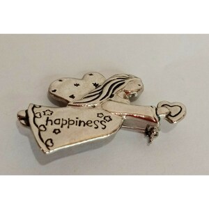 Happiness Angel Heart Silver Tone Brooch Pin Flying 1&quot; Religious