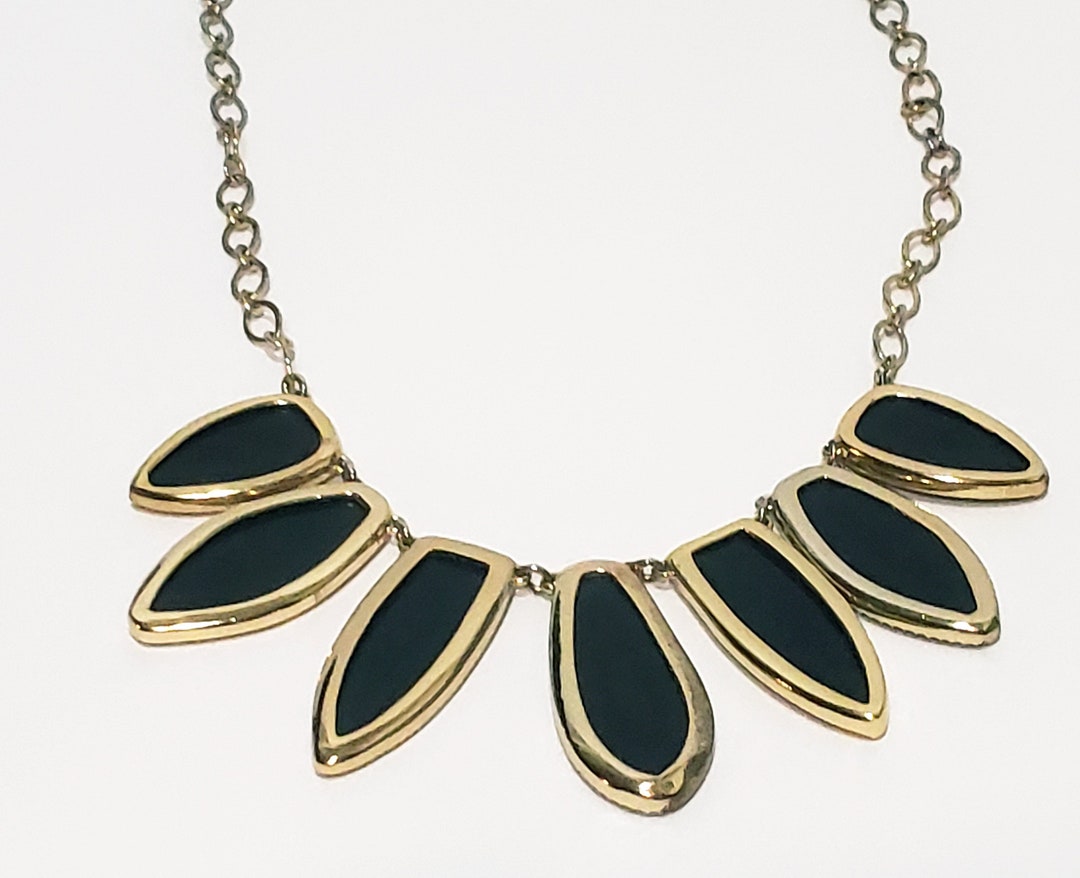 Stella Dot Enamel Fringe Black and Gold Tone Statement Necklace 20