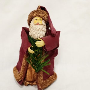 Santa Claus Cardboard Cone Ornament 4&quot; Holding Tree Branch Christmas Burgundy