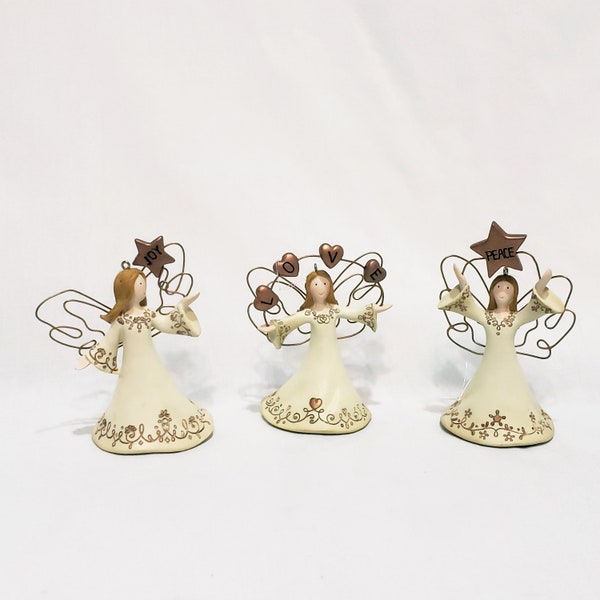 Set Peace Joy Love Angels Christmas Ornament 3" Cream Dresses