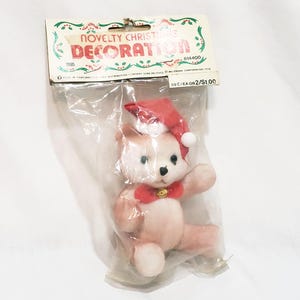 Flocked Teddy Bear Novelty Christmas Ornament 3&quot; Brown Santa Hat 1985