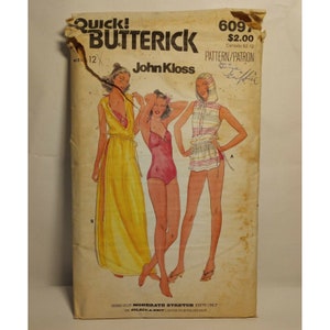 May include: Vintage sewing pattern for a swimsuit, dress, and cover-up. The pattern is by Butterick and is for size 12. The pattern is for moderate stretch knits only. The pattern is from John Kloss.