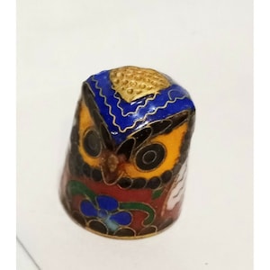 Owl Bird Thimble Blue Gold Tone Cloisonné Enamel 1&quot; Vintage