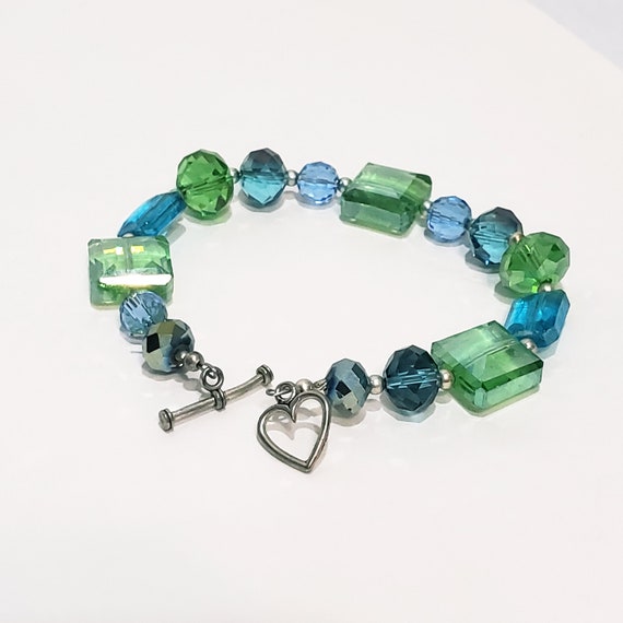 Green & Blue Glass Plastic Toggle Heart Bracelet … - image 1