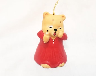 Sleepy Bear In Nightgown Bell Ornament Giftco Porcelain Vintage 2" Taiwan