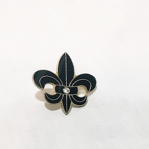 Fleur de Lis Black Enamel Rhinestone Lapel Pin Gold Tone 1&quot;