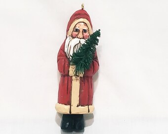 Volkskunst kerstman met boom kerstornament 1987 keurmerk 3" oude wereld