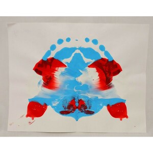 Original Abstract Art Ink Blot Mirror Image Reflection 8.5&quot; Blue Red White
