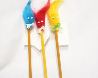 Lot 3 Frustration Pencils Blue Red Yellow 1980's Fur Monster Furry Vintage New