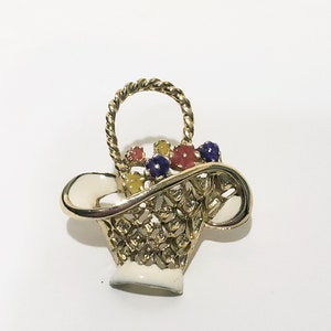Basket with Enamel Flowers Brooch Pin 1&quot; Gold Tone Vintage Metal