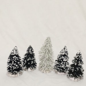 Village Bottle Brush Trees Lot 5 Christmas Fall Snow Covered Evergreen 5&quot;