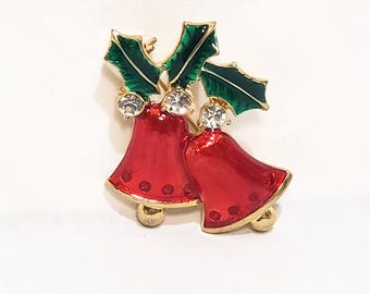 Broche Vintage Noël Cloche Signée BEATRIX - Alliage Doré, Strass Rouge Et Vert