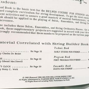 May include: A page from the Belwin Course for Strings music book featuring text about string development, musical fundamentals, and correlated materials like the Technic Book, Program Book, and Ensemble Book, with a 1960 copyright notice.