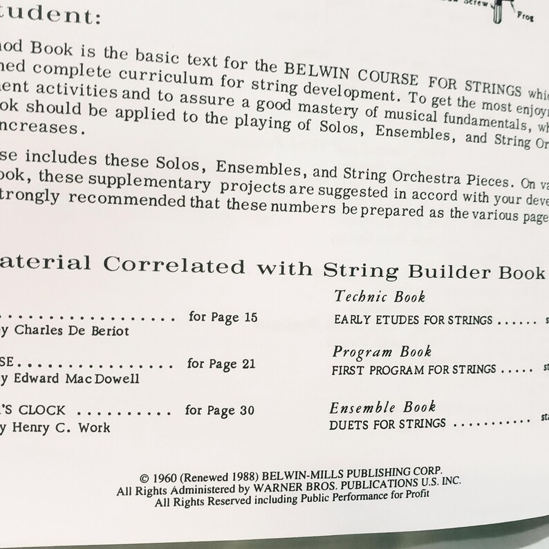 May include: A page from the Belwin Course for Strings music book featuring text about string development, musical fundamentals, and correlated materials like the Technic Book, Program Book, and Ensemble Book, with a 1960 copyright notice.