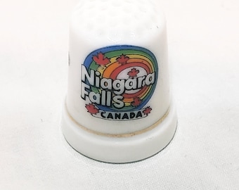 Niagara Falls Canada Thimble Souvenir Porcelain Vintage 1" White Maple Leaf