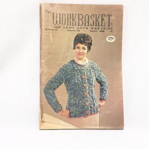 May include: The Workbasket and Home Arts Magazine, Volume 33, Number 6, March 1968. A woman in a blue and green speckled cardigan with brown buttons is featured on the cover.