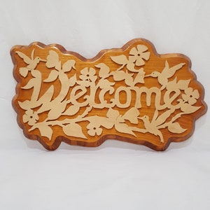 Plaque murale de bienvenue en bois, colibris en bois, fleurs, 20 cm (8 po.)