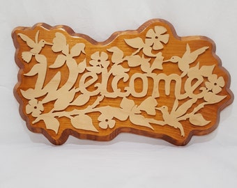 Welcome Sign Wall Plaque Wood Wooden Hummingbirds Flowers 8" Hanging Greeting