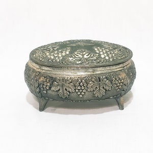 Grape Design Silver tone Metal Trinket Box Small Oval Footed 1.5" Japan Jewelry