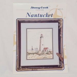 Ulotka z haftem krzyżykowym na plaży Nantucket Lighthouse 86 Stoney Creek 1996 Żaglówki