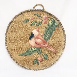 Cardinal on Branch Hand Painted Metal Circle Flat Christmas Ornament 5&quot; Vintage