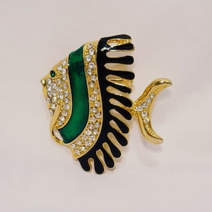 Tropical Fish Rhinestone Brooch Pin Enamel Green Black Vintage 2&quot;