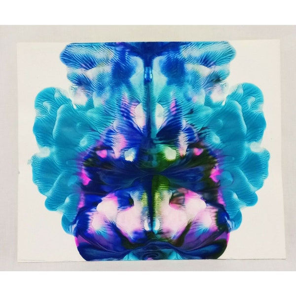 Original Abstract Art Inkblot Mirror Image Reflection Blue Pink 7"